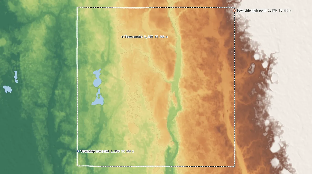 Topographic elevation map of Roswell Township, South Dakota, shaded from 1,350 ft on the south side to 1,470 ft on the east side