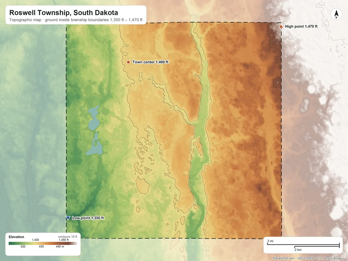 Topographic elevation map of Roswell Township, South Dakota, shaded from 1,350 ft on the south side to 1,470 ft on the east side