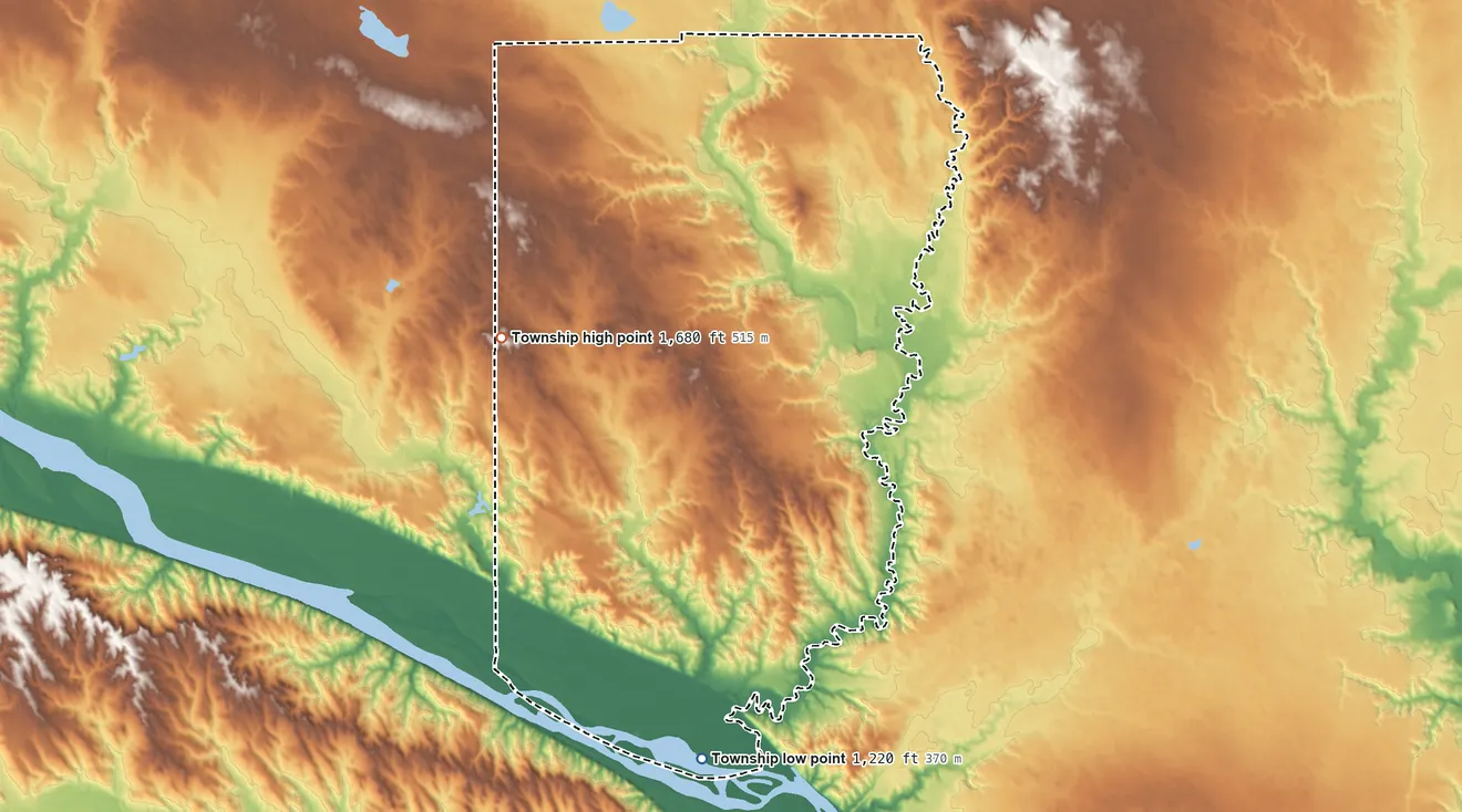 Topographic elevation map of Rouse Township, South Dakota, shaded from 1,220 ft on the south side to 1,680 ft on the west side