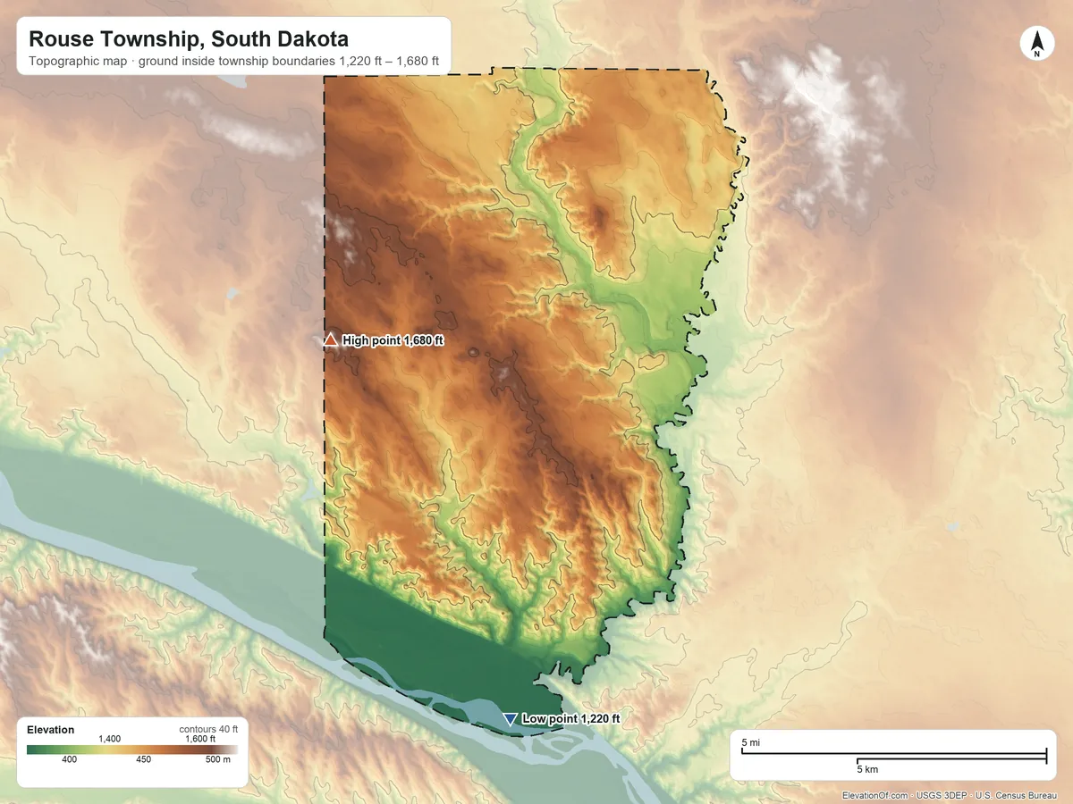 Topographic elevation map of Rouse Township, South Dakota, shaded from 1,220 ft on the south side to 1,680 ft on the west side