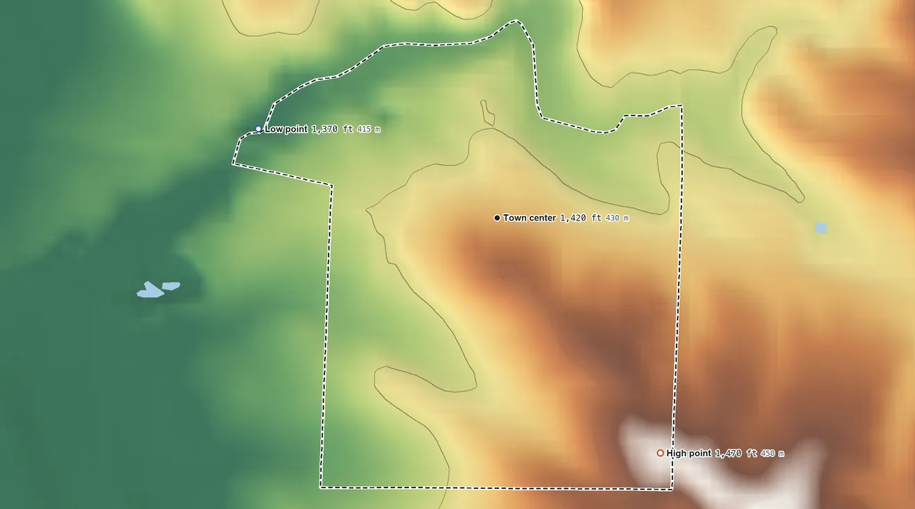 Topographic elevation map of Rowena, South Dakota, shaded from 1,370 ft on the west side to 1,470 ft on the southeast side