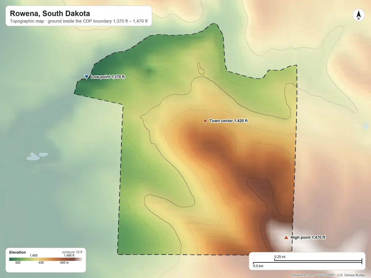Topographic elevation map of Rowena, South Dakota, shaded from 1,370 ft on the west side to 1,470 ft on the southeast side