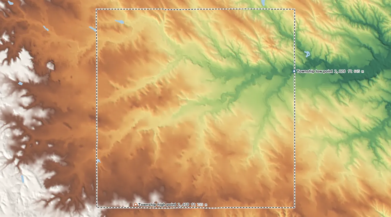 Topographic elevation map of Running Bird Township, South Dakota, shaded from 2,120 ft on the east side to 2,470 ft on the southwest side