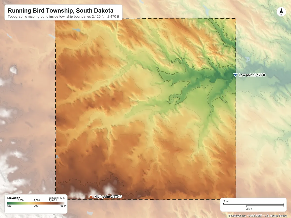 Topographic elevation map of Running Bird Township, South Dakota, shaded from 2,120 ft on the east side to 2,470 ft on the southwest side