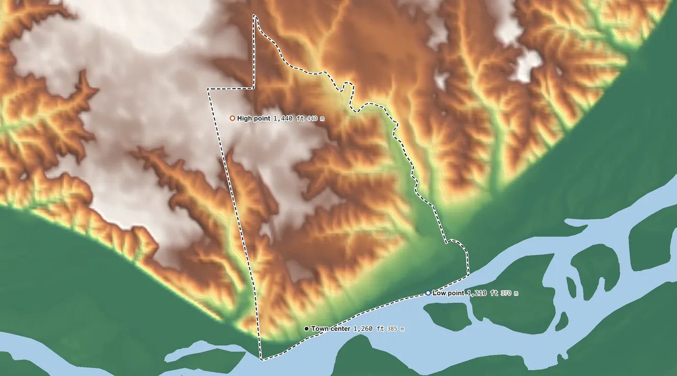 Topographic elevation map of Running Water, South Dakota, shaded from 1,210 ft on the east side to 1,440 ft on the north side
