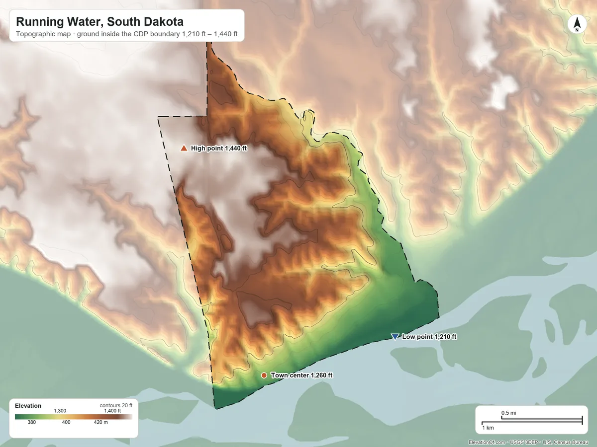 Topographic elevation map of Running Water, South Dakota, shaded from 1,210 ft on the east side to 1,440 ft on the north side