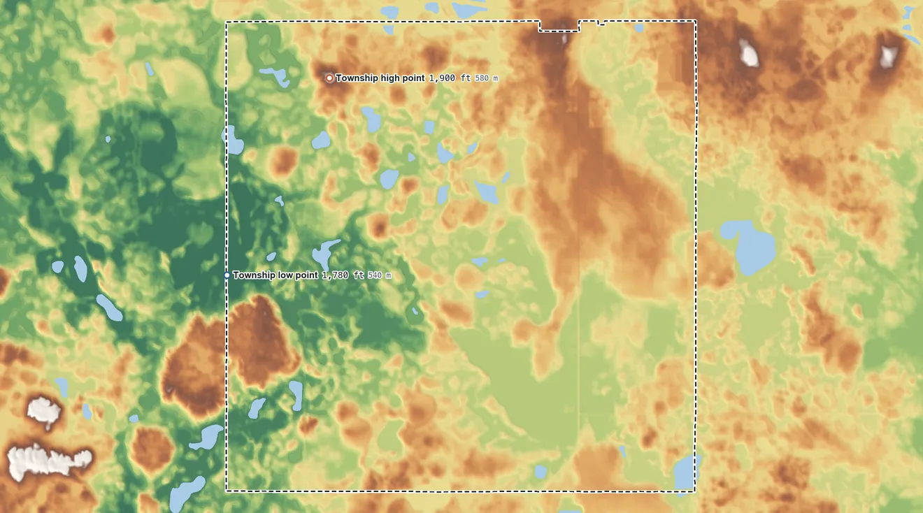 Topographic elevation map of Rusk Township, South Dakota, shaded from 1,780 ft on the west side to 1,900 ft on the north side