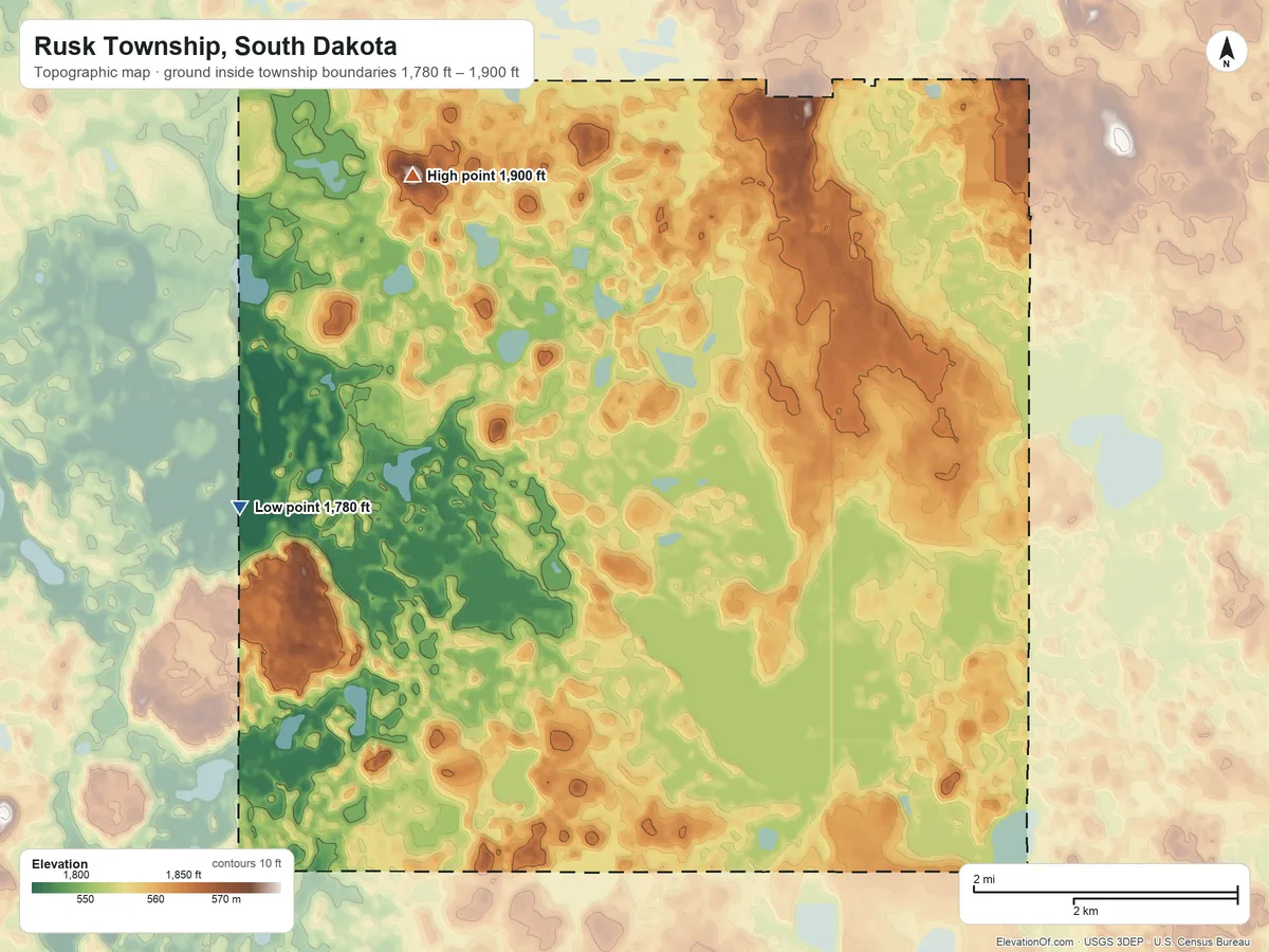 Topographic elevation map of Rusk Township, South Dakota, shaded from 1,780 ft on the west side to 1,900 ft on the north side