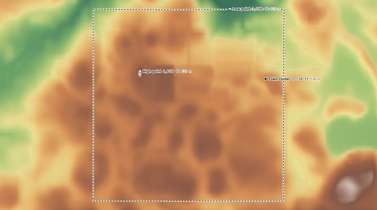 Topographic elevation map of Rustic Acres Colony, South Dakota, shaded from 1,700 ft on the northwest side to 1,760 ft on the west side