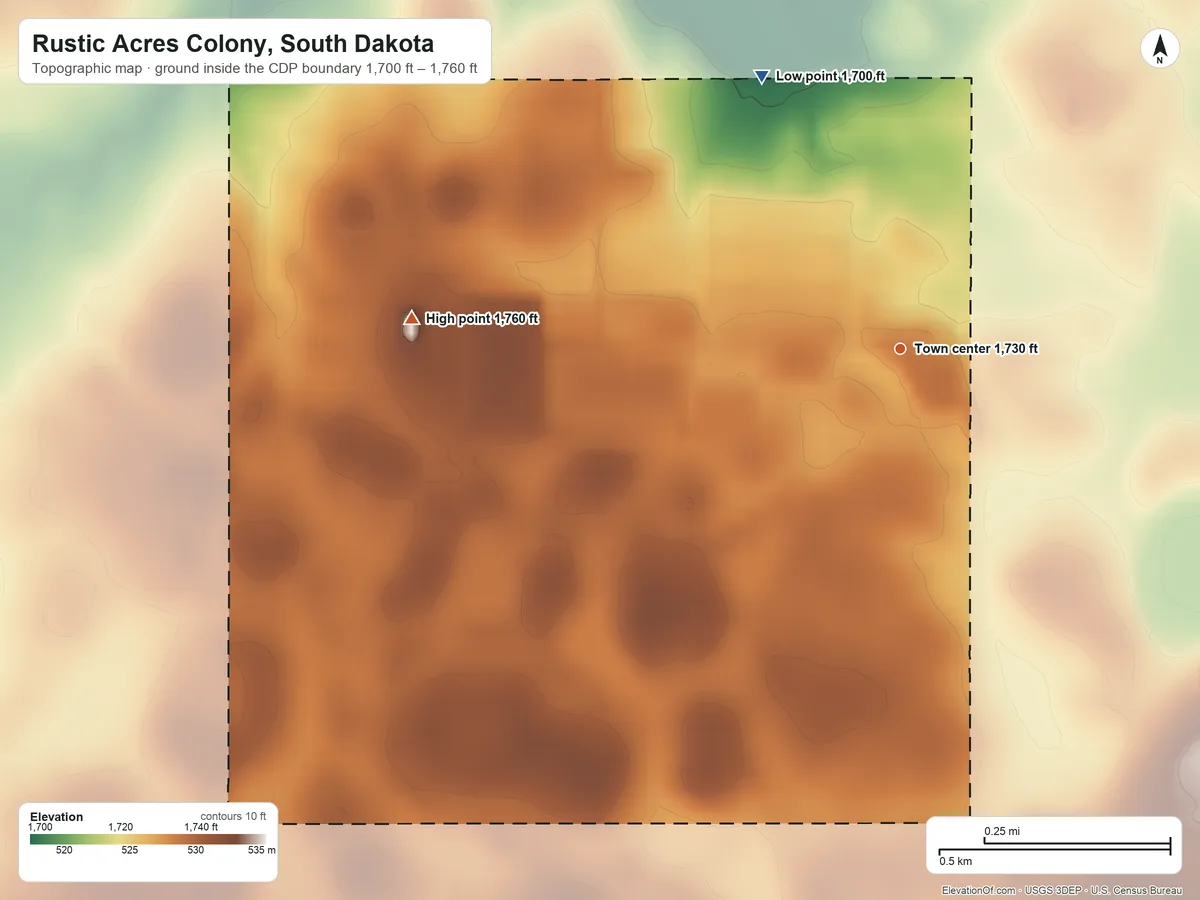 Topographic elevation map of Rustic Acres Colony, South Dakota, shaded from 1,700 ft on the northwest side to 1,760 ft on the west side