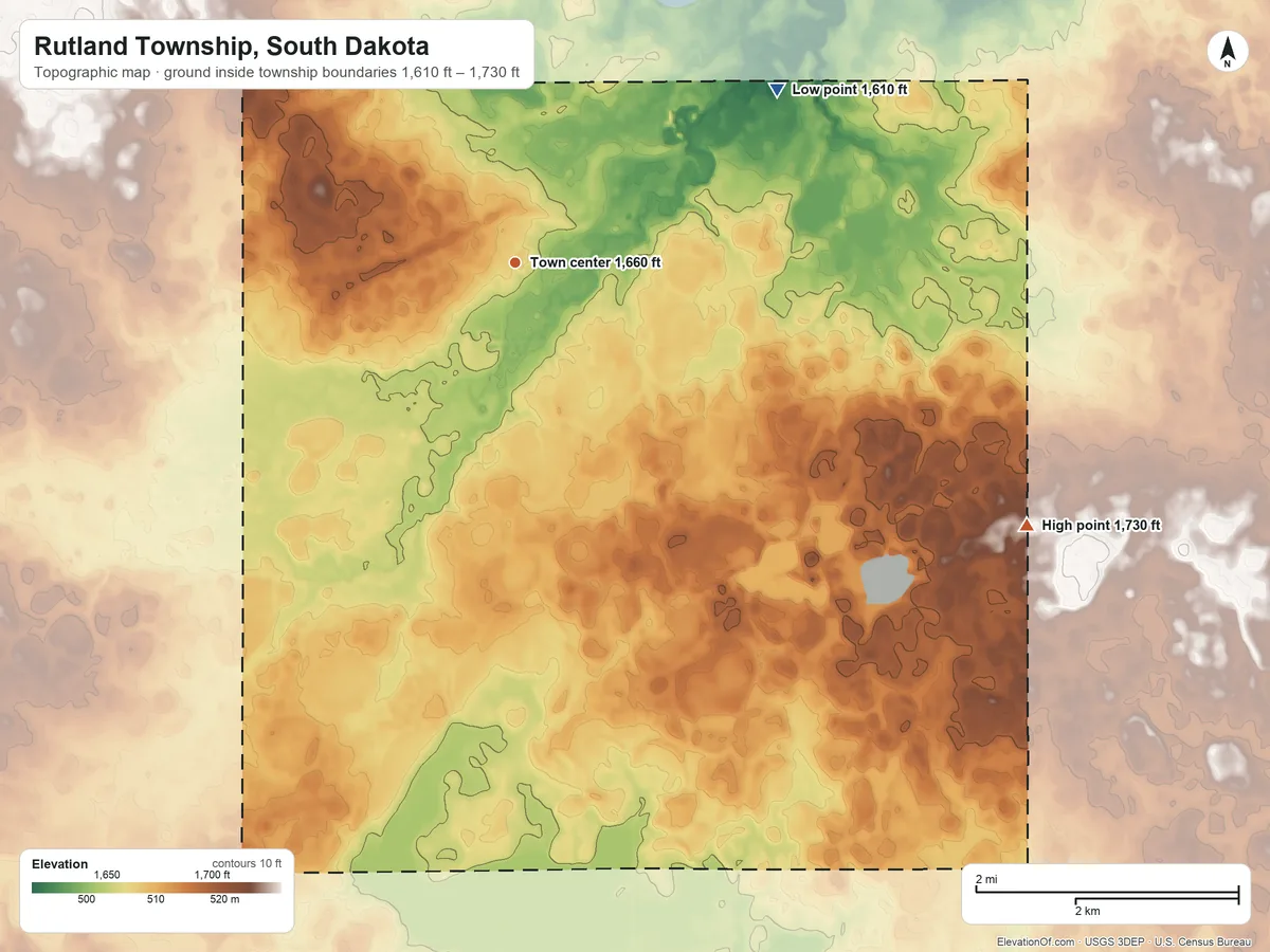 Topographic elevation map of Rutland Township, South Dakota, shaded from 1,610 ft on the northeast side to 1,730 ft on the southeast side