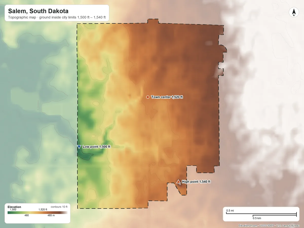 Topographic elevation map of Salem, South Dakota, shaded from 1,500 ft on the southwest side to 1,540 ft on the south side