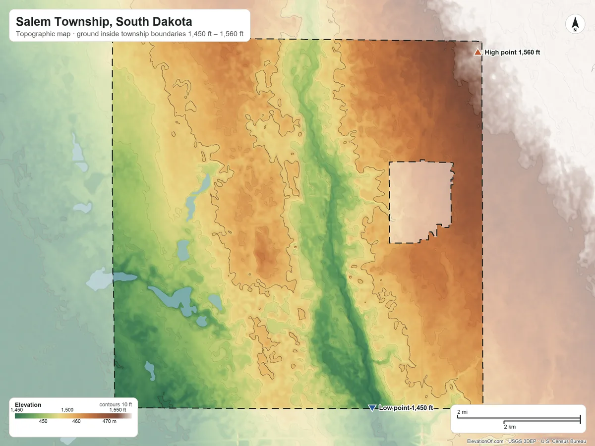 Topographic elevation map of Salem Township, South Dakota, shaded from 1,450 ft on the southeast side to 1,560 ft on the northeast side