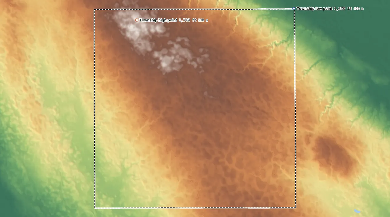 Topographic elevation map of Salem Township, Turner County, South Dakota, shaded from 1,370 ft on the northeast side to 1,740 ft on the north side