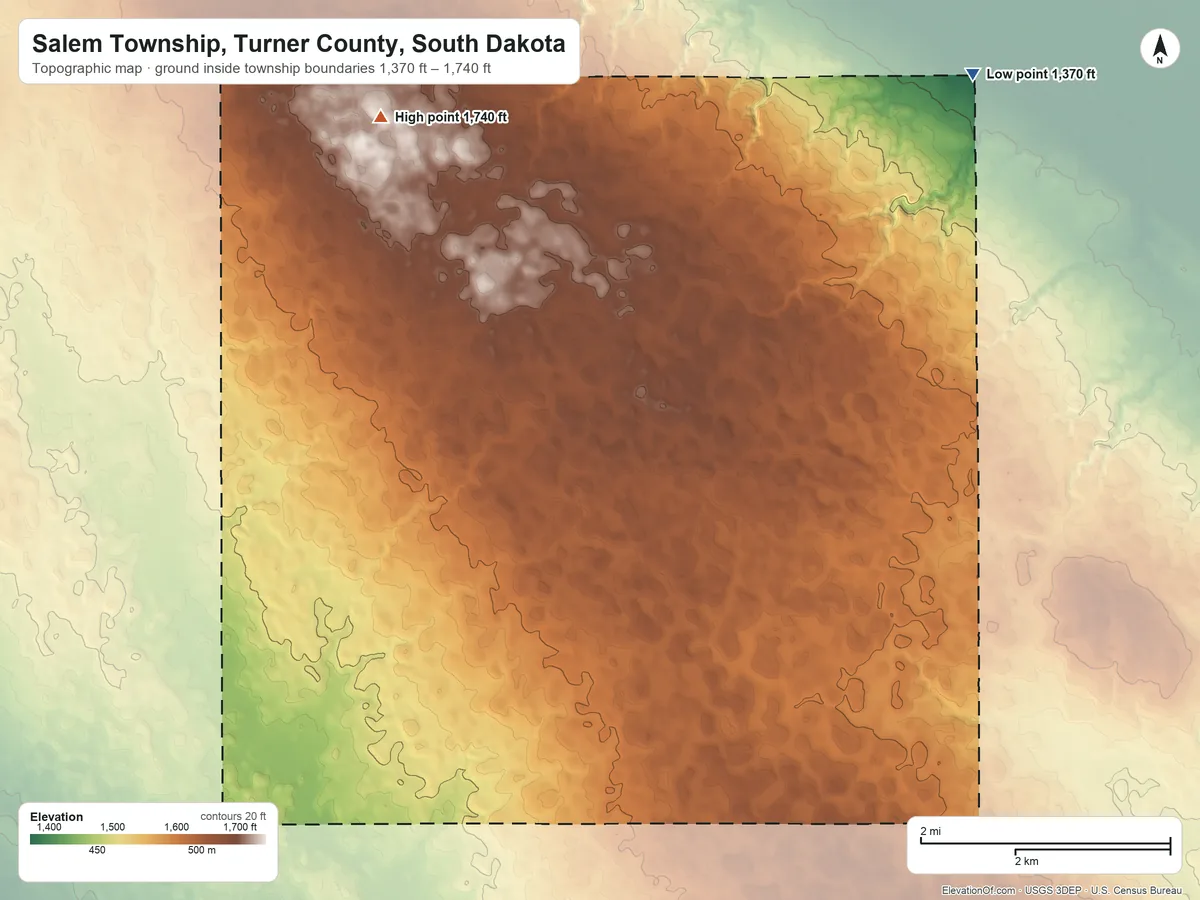Topographic elevation map of Salem Township, Turner County, South Dakota, shaded from 1,370 ft on the northeast side to 1,740 ft on the north side