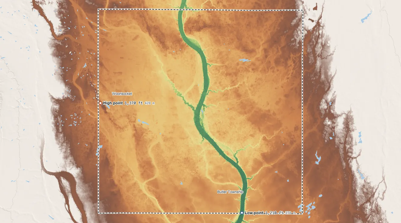 Topographic elevation map of Sanborn County, South Dakota, shaded from 1,210 ft on the south side to 1,370 ft on the west side