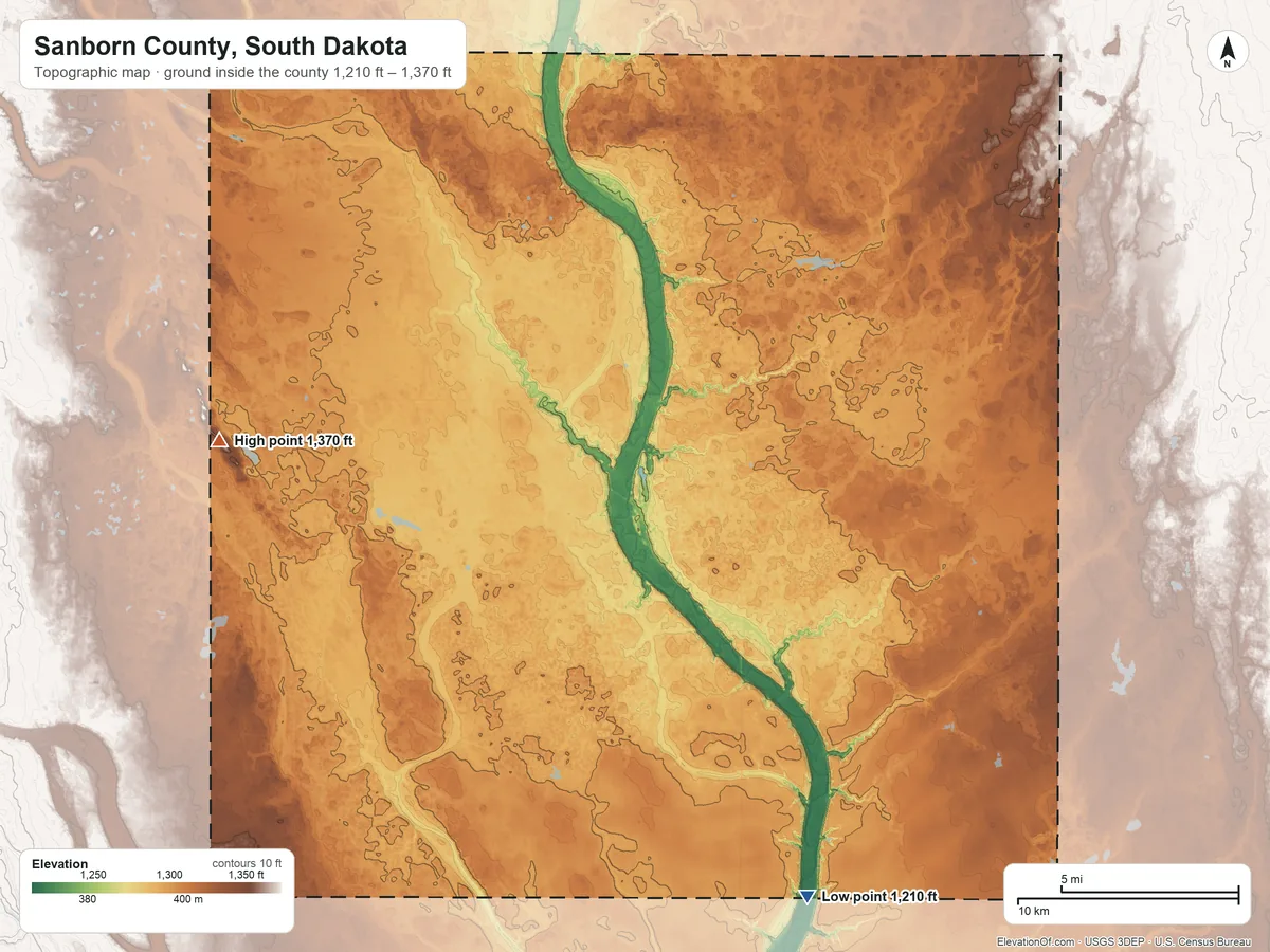 Topographic elevation map of Sanborn County, South Dakota, shaded from 1,210 ft on the south side to 1,370 ft on the west side