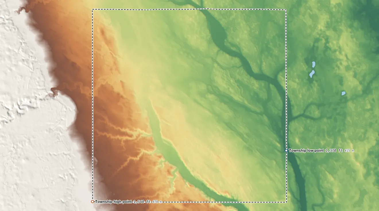 Topographic elevation map of Sand Creek Township, South Dakota, shaded from 1,370 ft on the southeast side to 1,540 ft on the southwest side