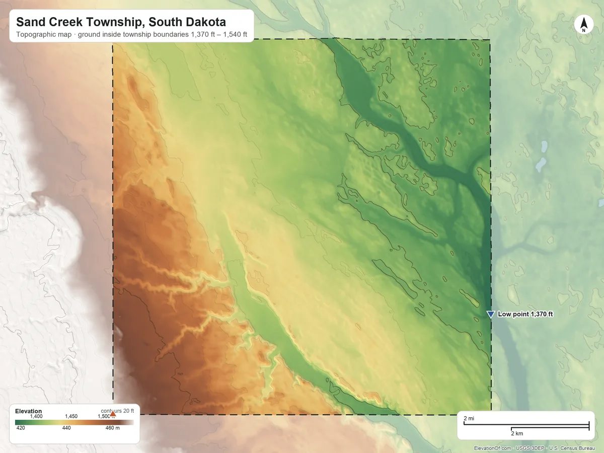 Topographic elevation map of Sand Creek Township, South Dakota, shaded from 1,370 ft on the southeast side to 1,540 ft on the southwest side