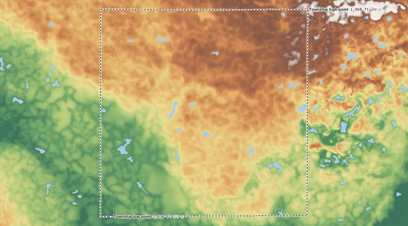 Topographic elevation map of Sangamon Township, South Dakota, shaded from 1,830 ft on the southwest side to 1,960 ft on the northeast side