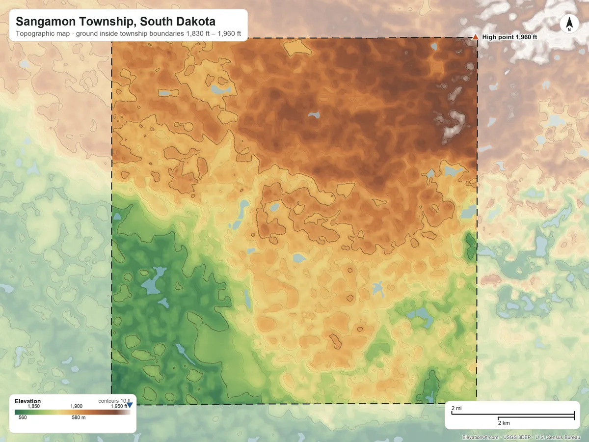 Topographic elevation map of Sangamon Township, South Dakota, shaded from 1,830 ft on the southwest side to 1,960 ft on the northeast side