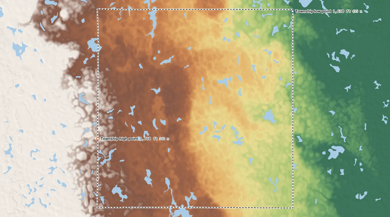 Topographic elevation map of Saratoga Township, South Dakota, shaded from 1,630 ft on the east side to 1,760 ft on the south side