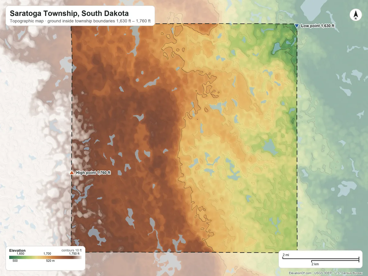 Topographic elevation map of Saratoga Township, South Dakota, shaded from 1,630 ft on the east side to 1,760 ft on the south side