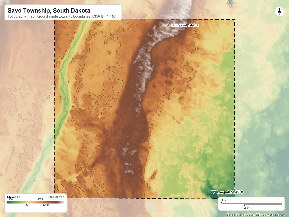 Topographic elevation map of Savo Township, South Dakota, shaded from 1,350 ft on the east side to 1,440 ft on the north side