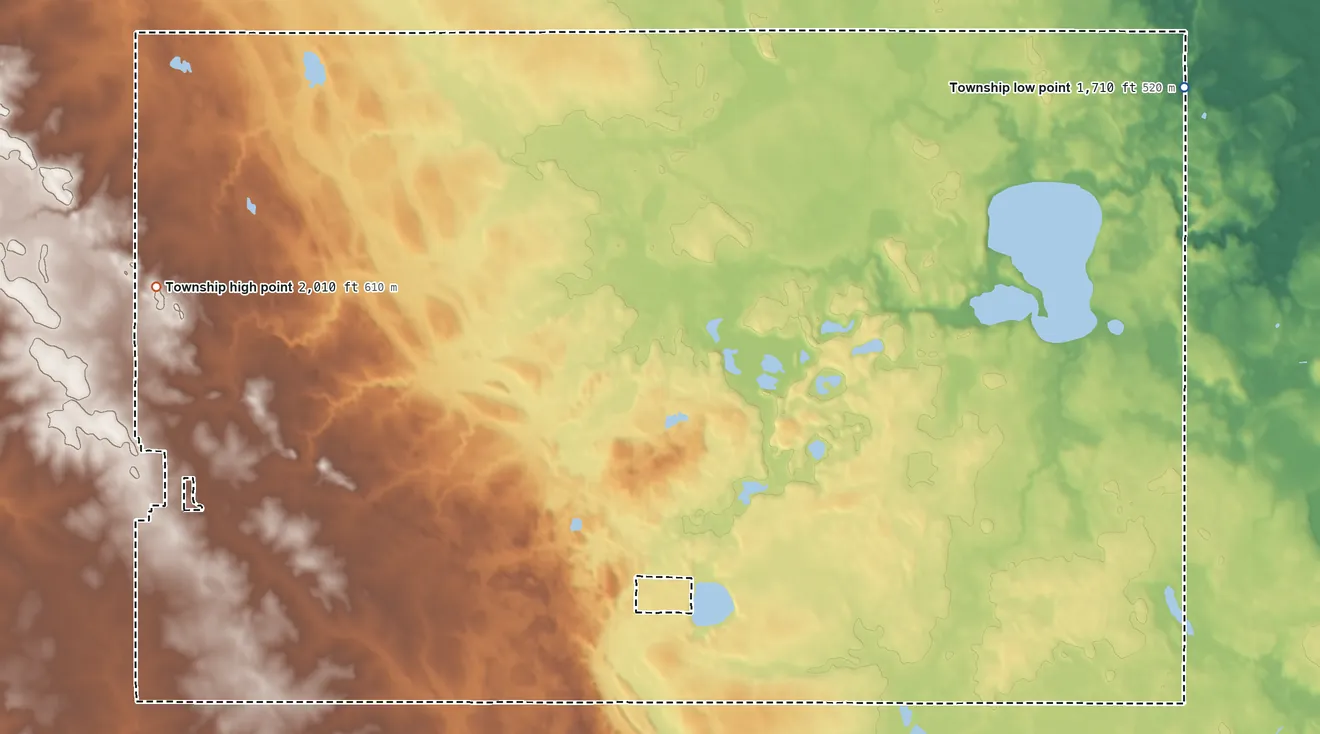 Topographic elevation map of Scandinavia Township, South Dakota, shaded from 1,710 ft on the northeast side to 2,010 ft on the west side