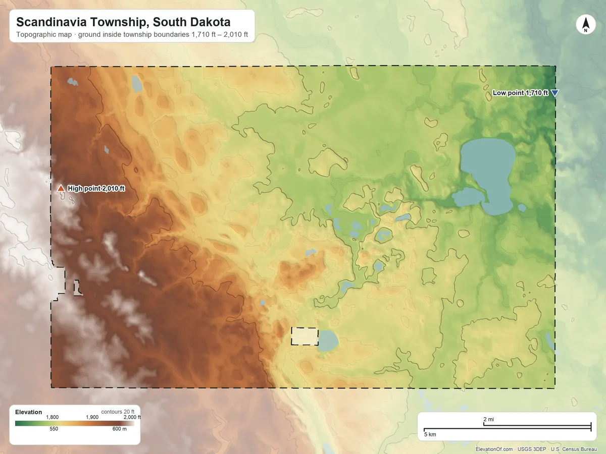 Topographic elevation map of Scandinavia Township, South Dakota, shaded from 1,710 ft on the northeast side to 2,010 ft on the west side