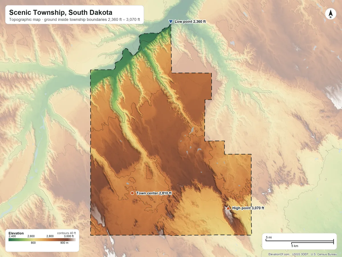 Topographic elevation map of Scenic Township, South Dakota, shaded from 2,360 ft on the north side to 3,070 ft on the east side