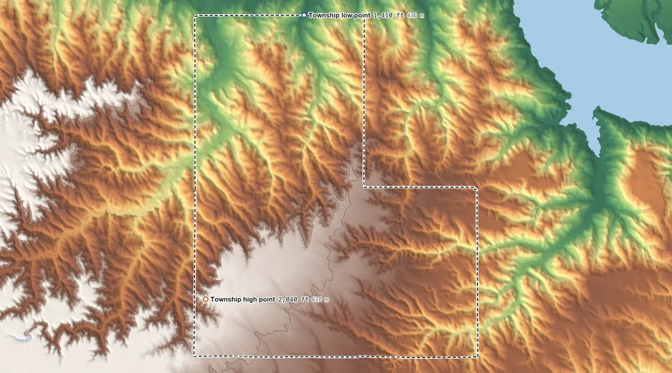 Topographic elevation map of Schriever Township, South Dakota, shaded from 1,410 ft on the north side to 2,040 ft on the west side
