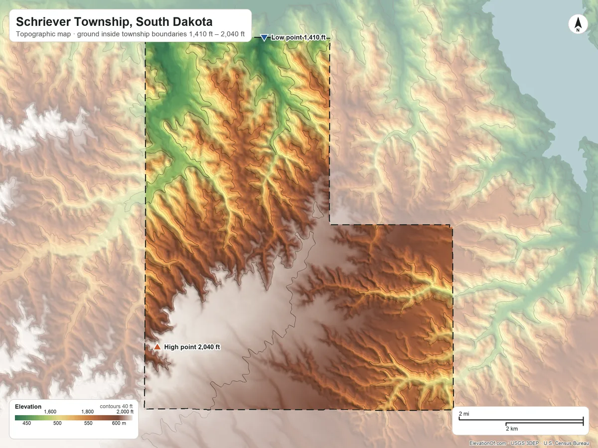 Topographic elevation map of Schriever Township, South Dakota, shaded from 1,410 ft on the north side to 2,040 ft on the west side