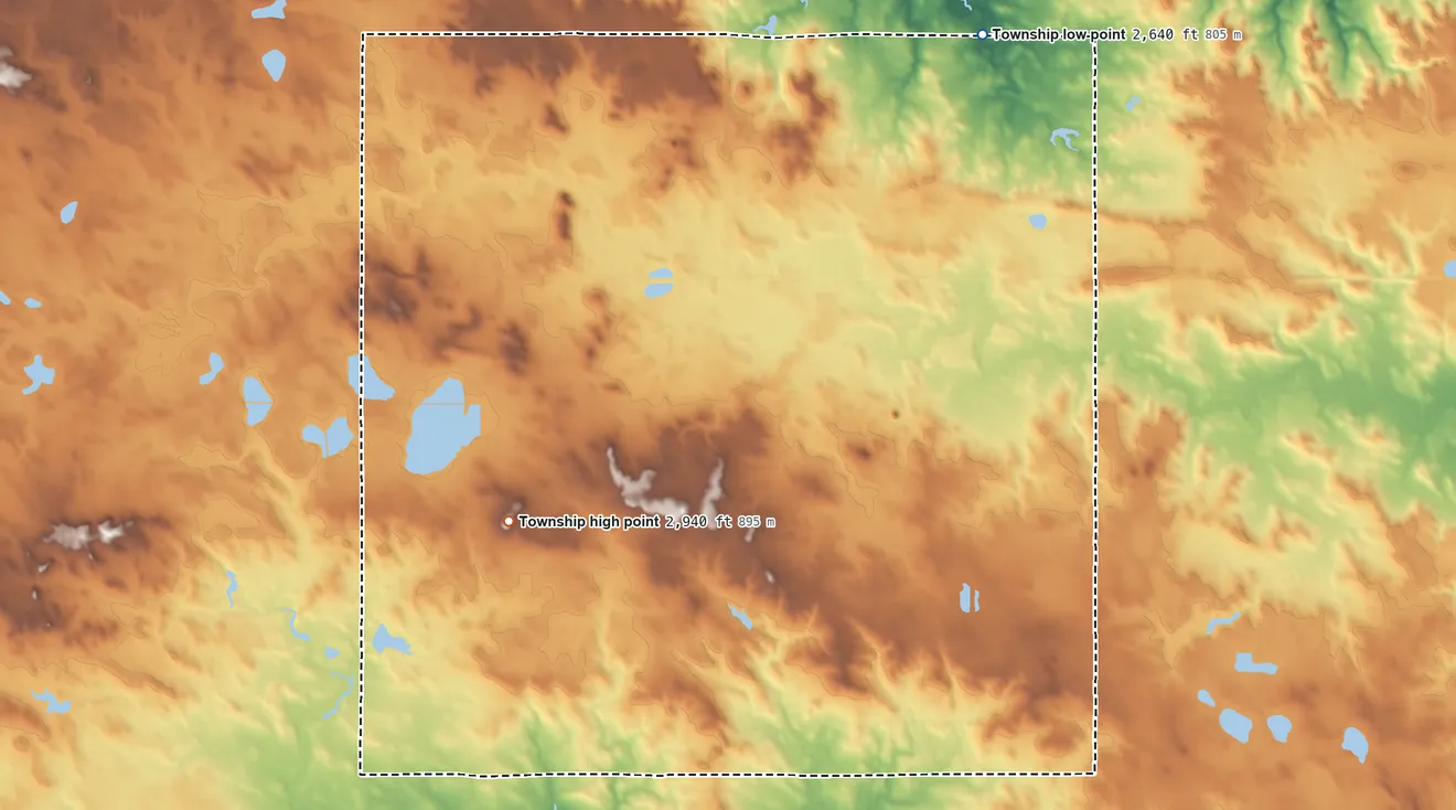 Topographic elevation map of Scotch Cap Township, South Dakota, shaded from 2,640 ft on the northeast side to 2,940 ft on Wolf Hill