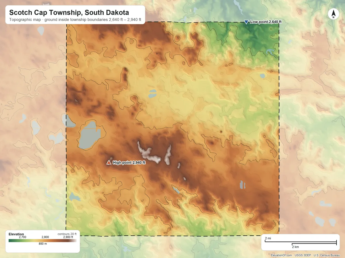 Topographic elevation map of Scotch Cap Township, South Dakota, shaded from 2,640 ft on the northeast side to 2,940 ft on Wolf Hill