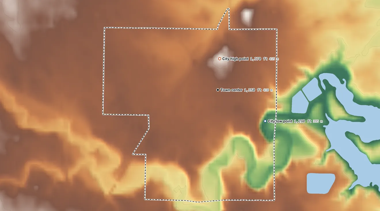 Topographic elevation map of Scotland, South Dakota, shaded from 1,290 ft on the southeast side to 1,370 ft on the north side