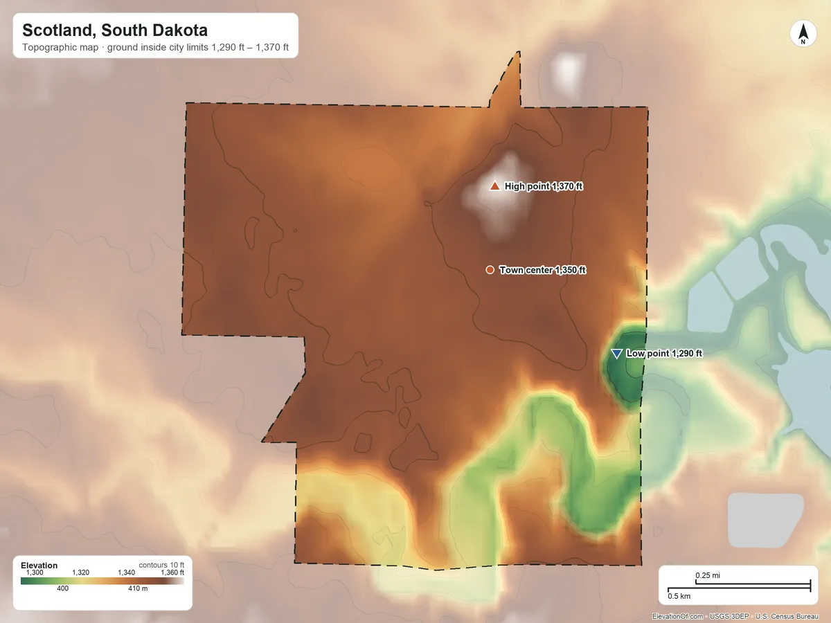 Topographic elevation map of Scotland, South Dakota, shaded from 1,290 ft on the southeast side to 1,370 ft on the north side