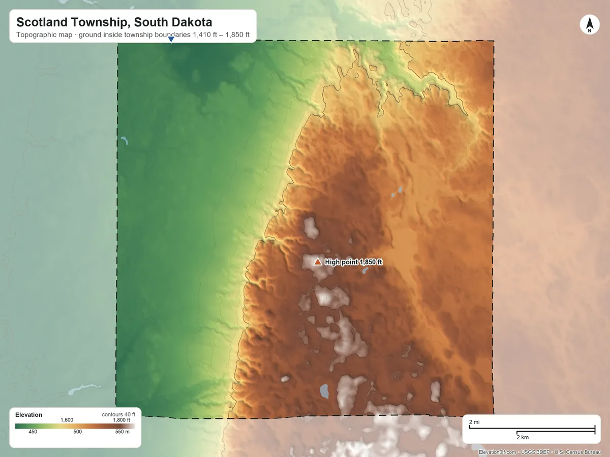 Topographic elevation map of Scotland Township, South Dakota, shaded from 1,410 ft on the northwest side to 1,850 ft near the middle