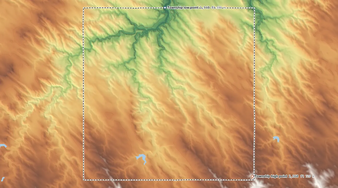 Topographic elevation map of Scovil Township, South Dakota, shaded from 1,940 ft on the north side to 2,360 ft on the southeast side