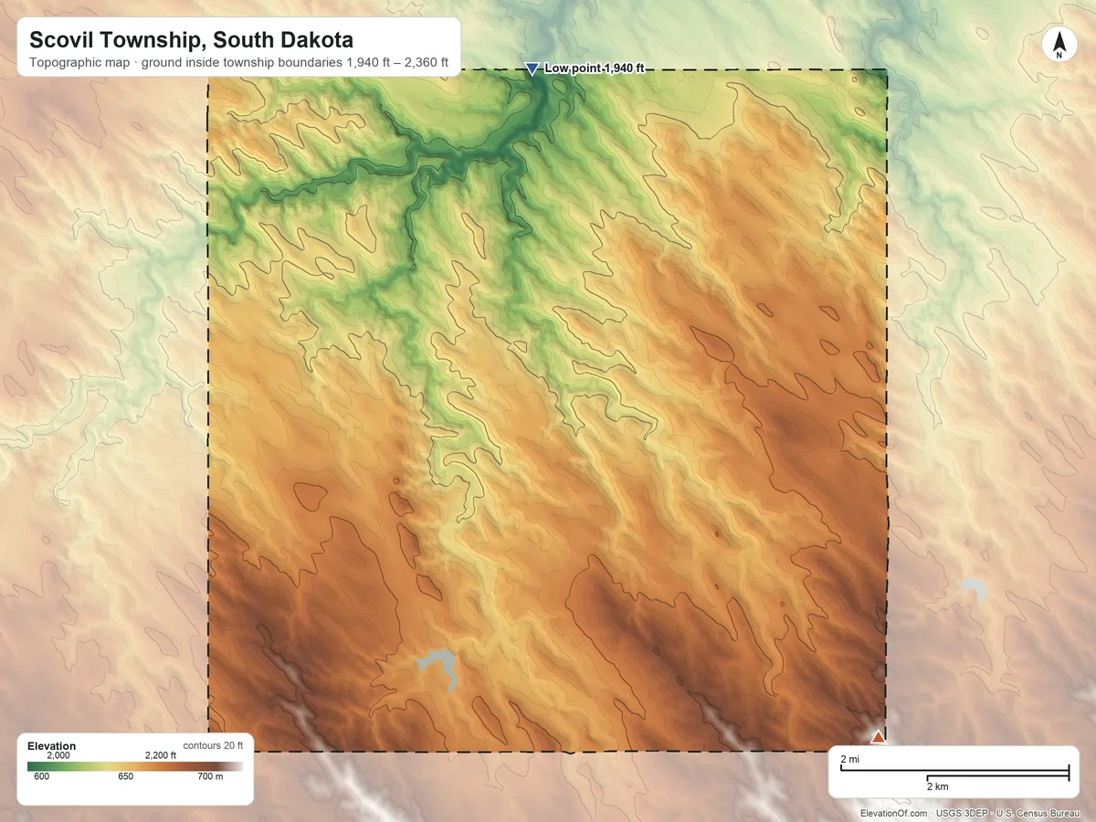Topographic elevation map of Scovil Township, South Dakota, shaded from 1,940 ft on the north side to 2,360 ft on the southeast side