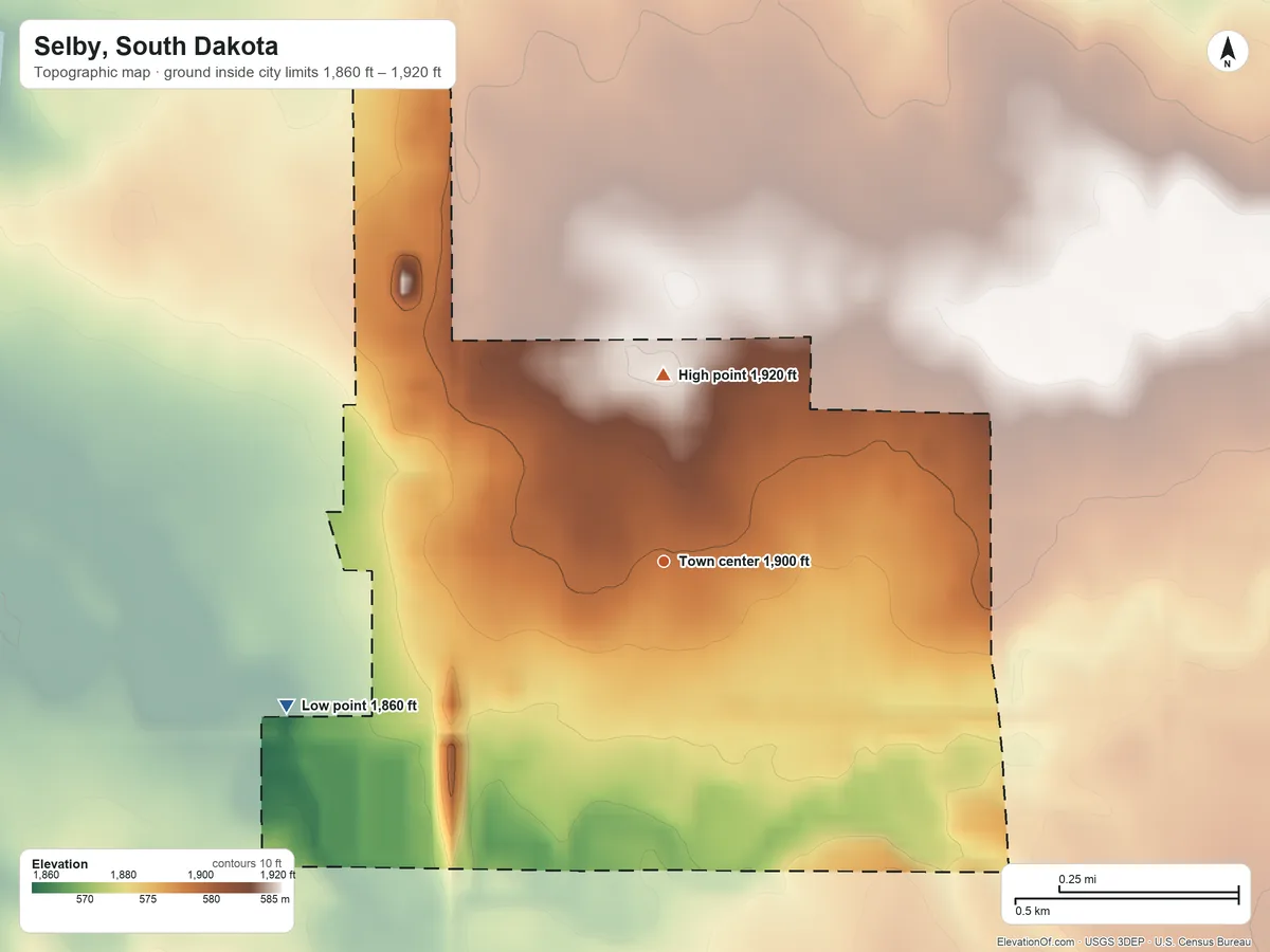Topographic elevation map of Selby, South Dakota, shaded from 1,860 ft on the west side to 1,920 ft on the north side