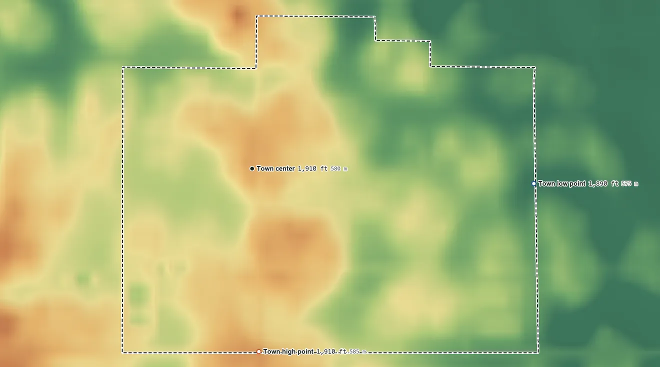 Topographic elevation map of Seneca, South Dakota, shaded from 1,890 ft on the east side to 1,910 ft on the south side