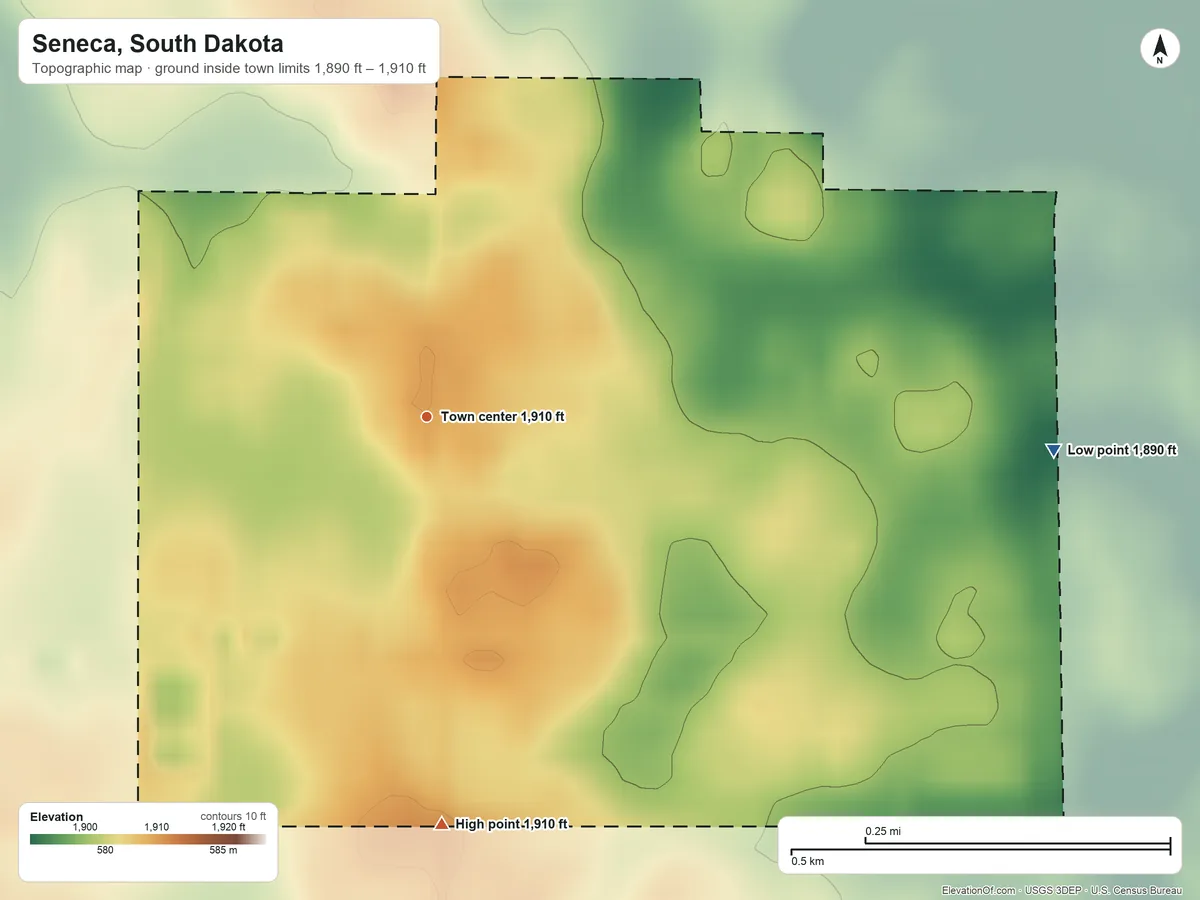 Topographic elevation map of Seneca, South Dakota, shaded from 1,890 ft on the east side to 1,910 ft on the south side