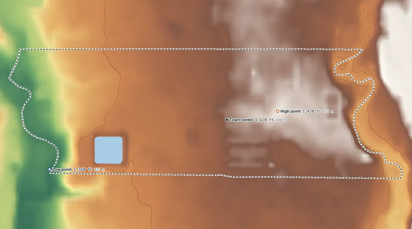 Topographic elevation map of Shamrock Colony, South Dakota, shaded from 1,360 ft on the west side to 1,420 ft on the east side