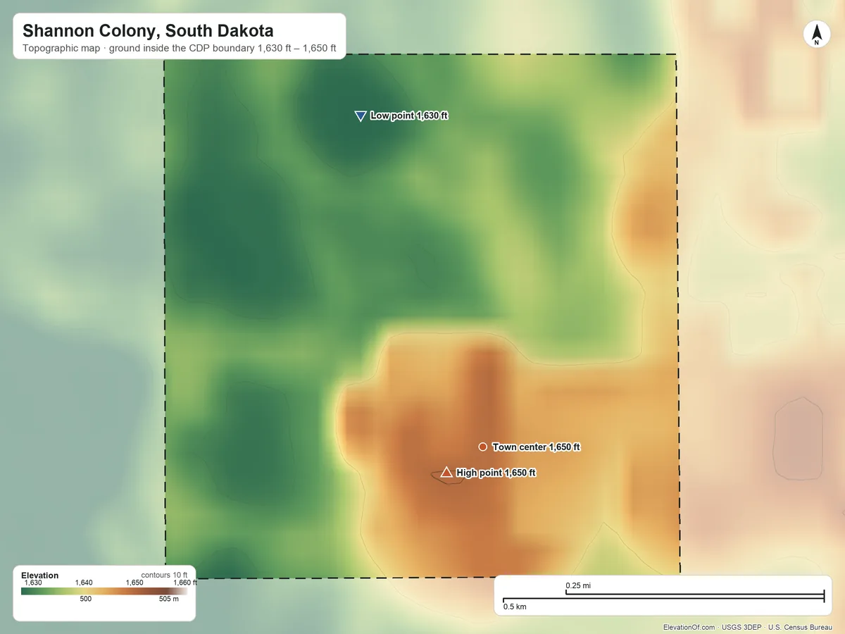 Topographic elevation map of Shannon Colony, South Dakota, shaded from 1,630 ft on the north side to 1,650 ft near the middle