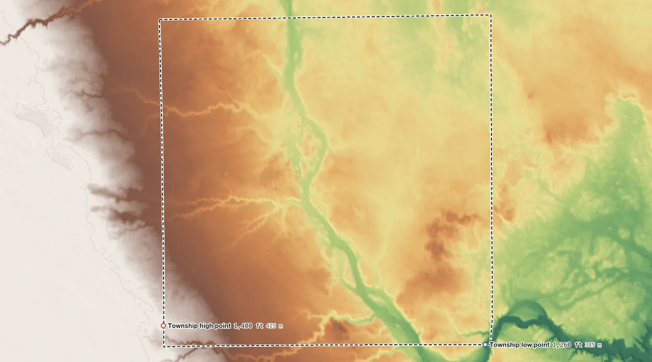 Topographic elevation map of Sharon Township, South Dakota, shaded from 1,260 ft on the southeast side to 1,400 ft on the southwest side