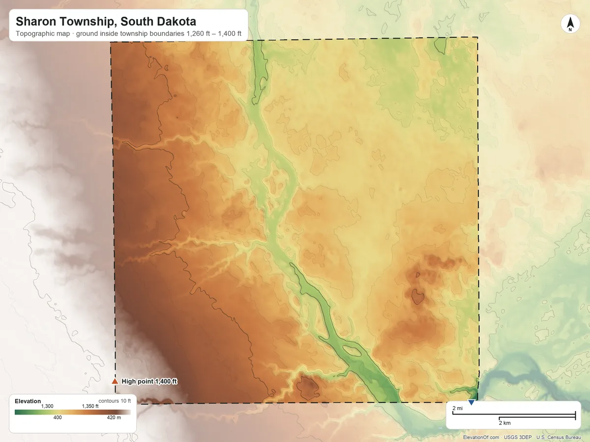 Topographic elevation map of Sharon Township, South Dakota, shaded from 1,260 ft on the southeast side to 1,400 ft on the southwest side