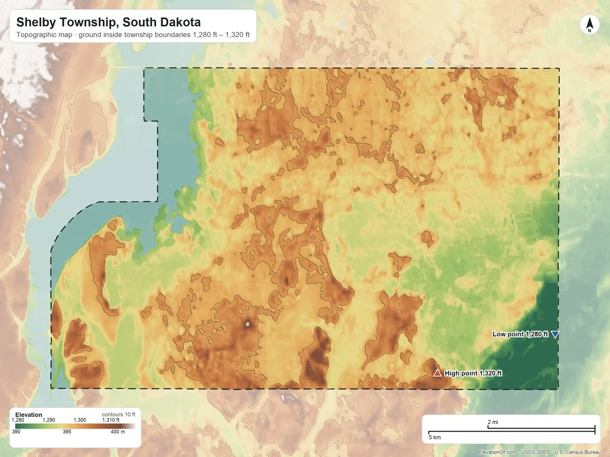 Topographic elevation map of Shelby Township, South Dakota, shaded from 1,280 ft on the southeast side to 1,320 ft on the south side