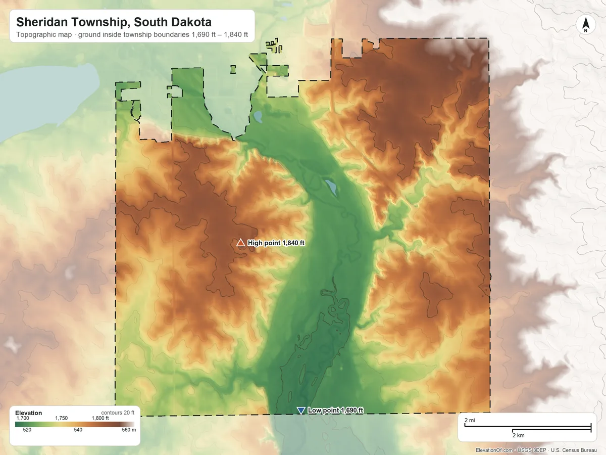 Topographic elevation map of Sheridan Township, South Dakota, shaded from 1,690 ft on the south side to 1,840 ft on the southwest side