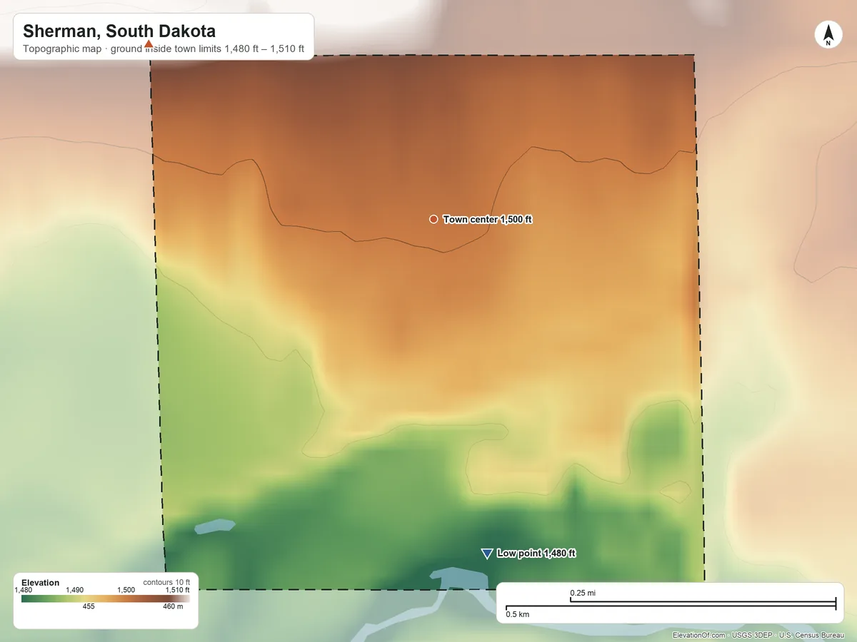 Topographic elevation map of Sherman, South Dakota, shaded from 1,480 ft on the south side to 1,510 ft on the northwest side